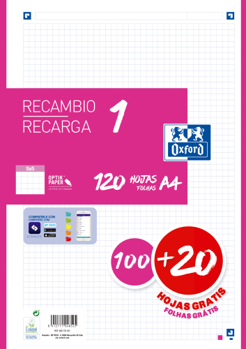 Oxford Recambio Classic A4 Cuadriculado 5x5 mm 120 Hojas Fucsia