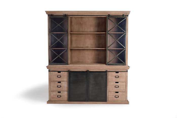 GINER Y COLOMER Alacena Industrial Madera de Mango 4 Puertas Correderas 6 Cajones Gris Oscuro Natural