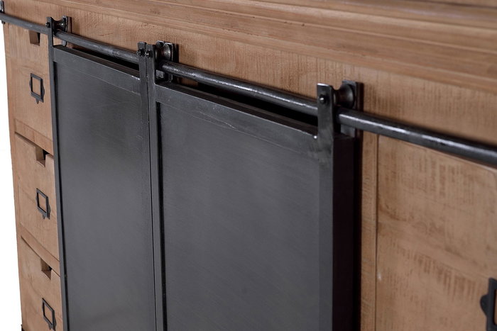 GINER Y COLOMER Alacena Industrial Madera de Mango 4 Puertas Correderas 6 Cajones Gris Oscuro Natural