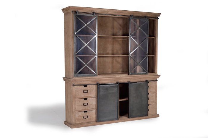 GINER Y COLOMER Alacena Industrial Madera de Mango 4 Puertas Correderas 6 Cajones Gris Oscuro Natural