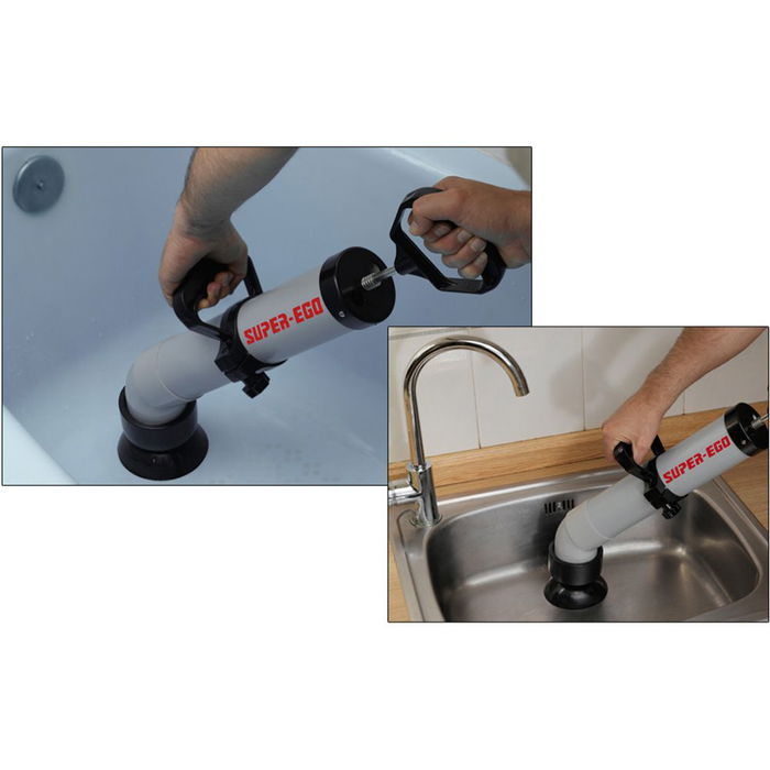 Super Ego Seh000200 Desatascador por Aire para Lavabos Fregaderos Bidés con Adaptadores para Inodoros y Duchas Fácil Manejo 1.3 Litros Gris/Negro