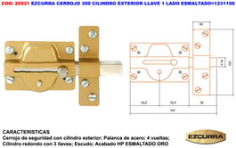 EZCURRA Cerrojo 300 con cilindro extensible y llave en un lado, esmaltado