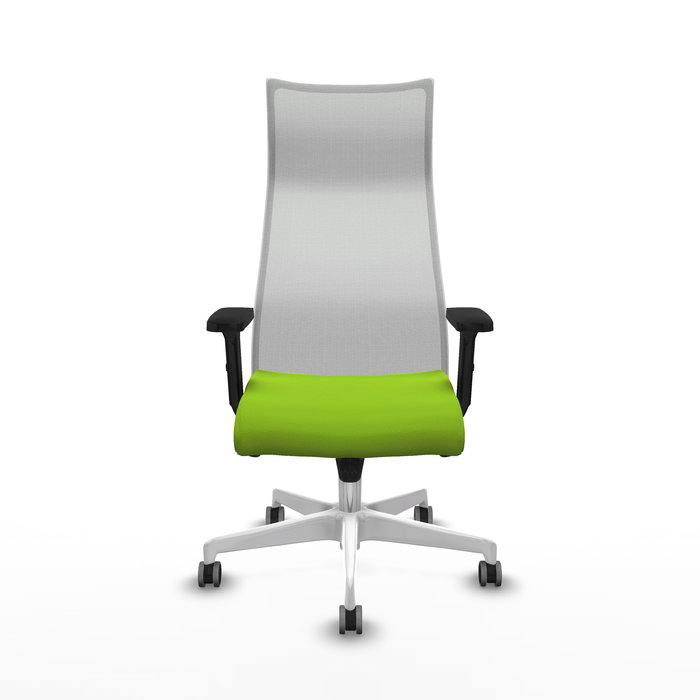 Sillón Albacete con mecanismo Sincro tapizada con Similpiel color Pistacho y malla color Blanco. Equipado con Base poliamida blanca, Brazos 2D y Ruedas 65 mm parqué