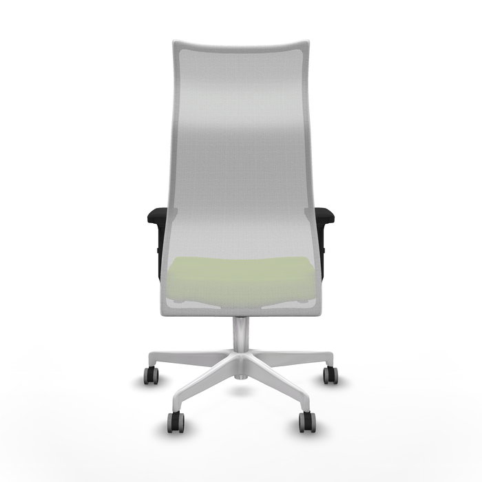 Sillón Albacete con mecanismo Sincro tapizada con Similpiel color Pistacho y malla color Blanco. Equipado con Base poliamida blanca, Brazos 2D y Ruedas 65 mm parqué