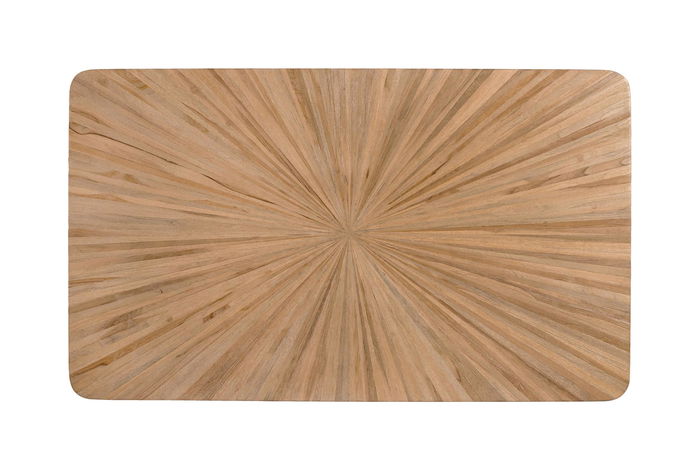 Giner y Colomer Mesa de Comedor de Madera de Teca Reciclada 150 cm Rectangular con Diseño Radial y Patas de Hierro Negro