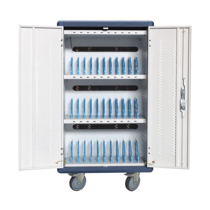 Techly Carrito Estación de Carga USB Ventilado para 30 Portátiles, Tablets o Smartphones, Blanco y Azul Techly Carrito Estación de Carga USB Ventilado para 30 Portátiles, Tablets o Smartphones, Blanco y Azul