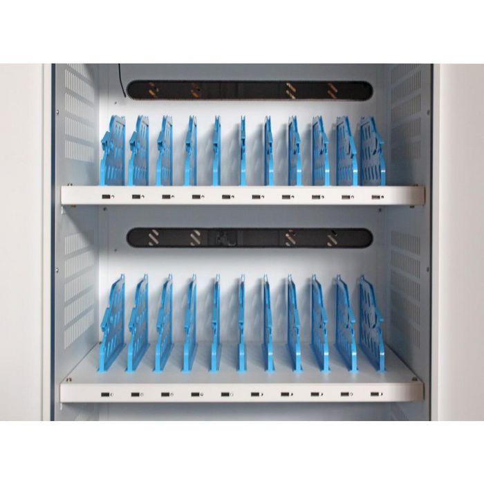 Techly Carrito Estación de Carga USB Ventilado para 30 Portátiles, Tablets o Smartphones, Blanco y Azul Techly Carrito Estación de Carga USB Ventilado para 30 Portátiles, Tablets o Smartphones, Blanco y Azul