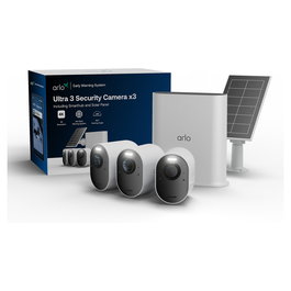 ARLO Arlo Ultra 3 Cámara de Seguridad IP Exterior 3-Cámaras Kit con Panel Solar, 8MP 4K, Wifi, Visión Nocturna, Alexa/Google Assistant, 10 Idiomas, IP65