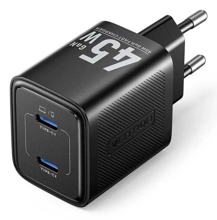 Vention Cargador de Pared GaN Modelo FEFB0-EU, 45W, 2 Puertos USB-C, Negro, para Europa