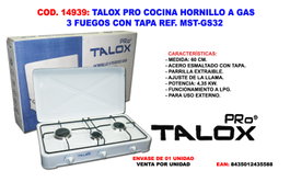 TALOX PRO Hornillo a gas de 3 fuegos con tapa MST-GS32
