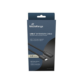 MediaRange Cable de Extensión USB-C USB 3.2 Gen 1 (5 Gbps) 60W Carga Rápida, Conector Macho/Hembra, 2 Metros, Negro, Referencia MRCS245