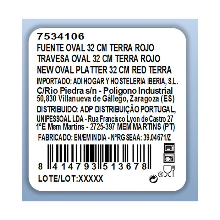 Fuente Oval Porcelana Terra Ariane 32 cm