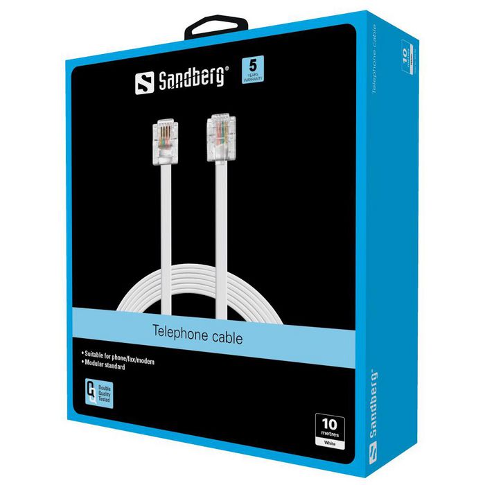 Sandberg Cable Telefónico RJ11-RJ11 de 10 Metros de Longitud para Conexión de Teléfono Fijo a Red