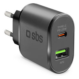 SBS Cargador de Pared USB-C PD 25W con Carga Rápida AFC, Color Negro - Modelo TETRPD25W