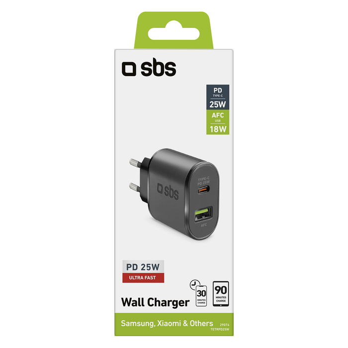 SBS Cargador de Pared USB-C PD 25W con Carga Rápida AFC, Color Negro - Modelo TETRPD25W