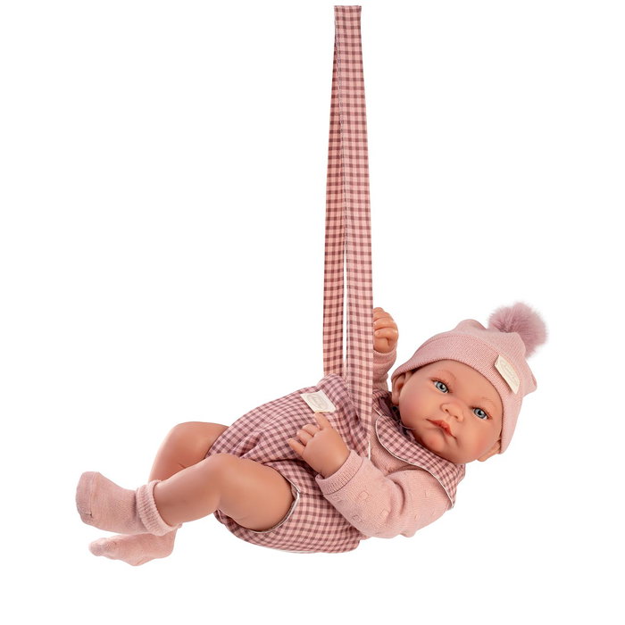 Muñecas Antonio Juan 50432 - Muñeca Recién Nacida Nica Realista con Portabebés, Conjunto a Cuadros, +3 años (Idiomas: Español, English, Francés, Alemán, Portugués)