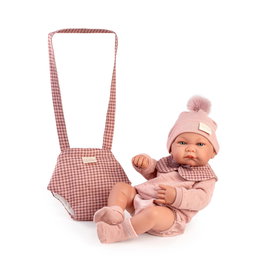 Muñecas Antonio Juan 50432 - Muñeca Recién Nacida Nica Realista con Portabebés, Conjunto a Cuadros, +3 años (Idiomas: Español, English, Francés, Alemán, Portugués)