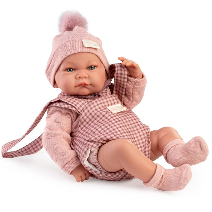 Muñecas Antonio Juan 50432 - Muñeca Recién Nacida Nica Realista con Portabebés, Conjunto a Cuadros, +3 años (Idiomas: Español, English, Francés, Alemán, Portugués)
