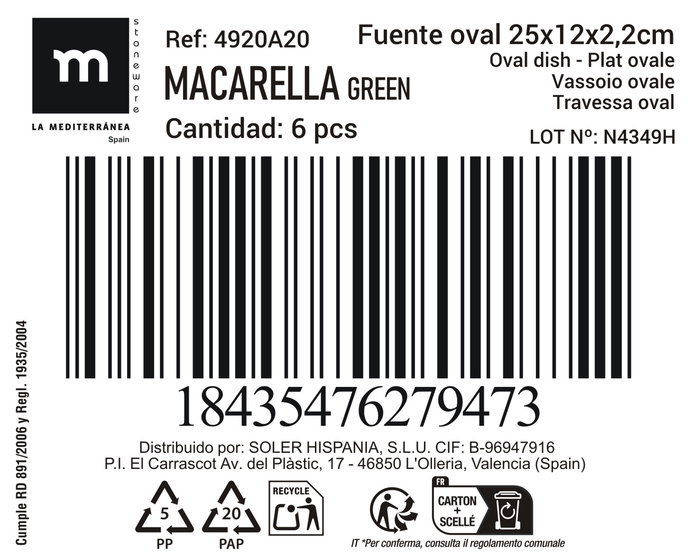 La Mediterranea Fuente Oval Macarella Green 25 cm x 12 cm x 2.2 cm (24 Unidades)