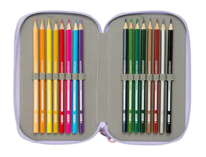 Safta Plumier Escolar Bouquet Triple Cremallera - 3 Compartimentos, 37 Piezas, 195x125x55 mm