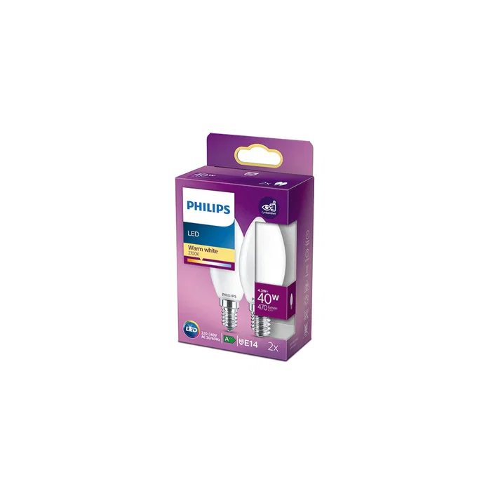Philips Bombilla LED E14 B35 4.3W 470Lm 2700K Pack 2 Unidades [PH-929001345367 Philips Bombilla LED E14 B35 4.3W 470Lm 2700K Pack 2 Unidades [PH-929001345367