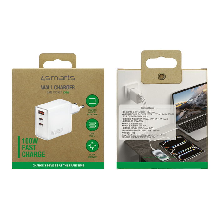 4smarts Netzladegert GaN Pocket 100W Cargador USB, 2 Puertos USB-C y 1 USB-A, Carga Rápida, Blanco, 542100