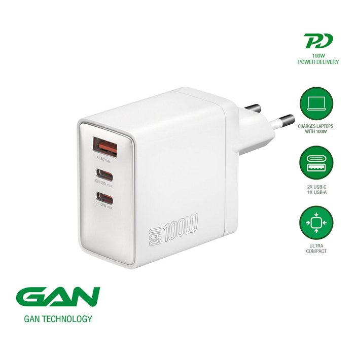 4smarts Netzladegert GaN Pocket 100W Cargador USB, 2 Puertos USB-C y 1 USB-A, Carga Rápida, Blanco, 542100