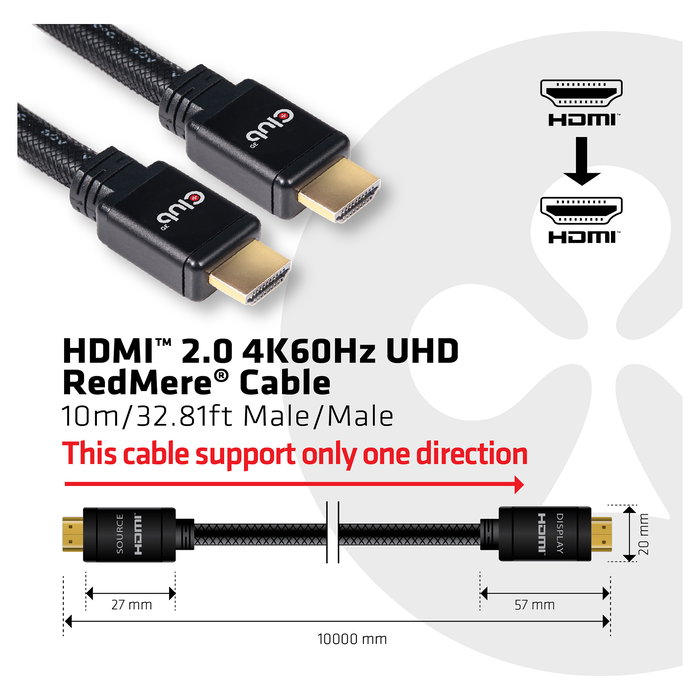 Club 3D Cable HDMI (Cable A a A) 2.0 RedMere, 10 m, 4K 60Hz, UHD, para TV, Monitor, PC, Retail
