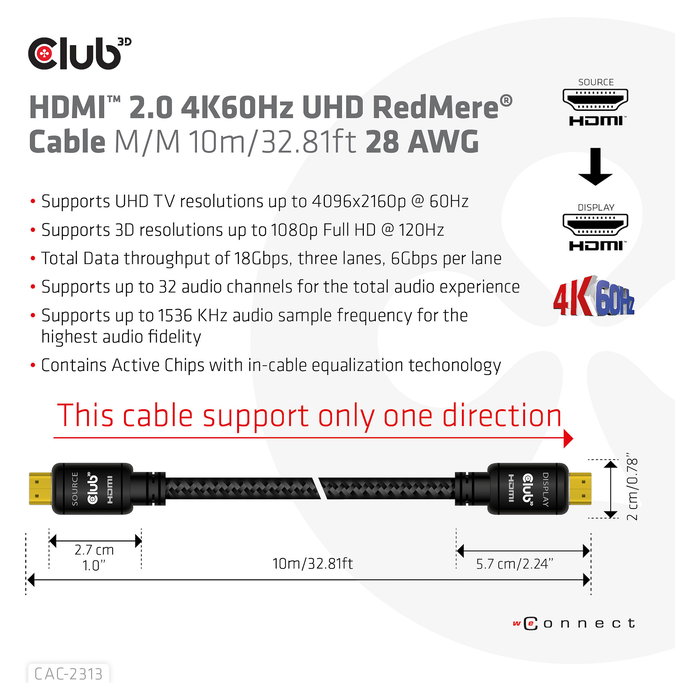 Club 3D Cable HDMI (Cable A a A) 2.0 RedMere, 10 m, 4K 60Hz, UHD, para TV, Monitor, PC, Retail