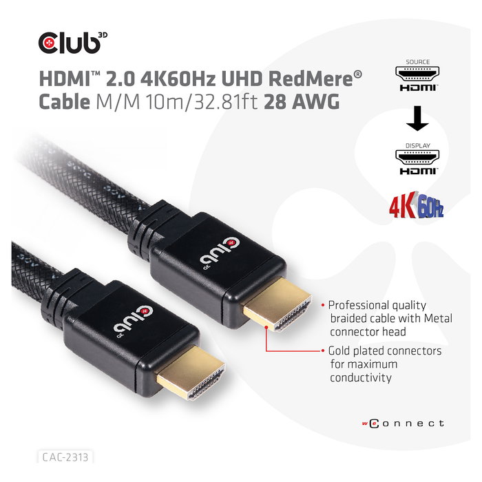 Club 3D Cable HDMI (Cable A a A) 2.0 RedMere, 10 m, 4K 60Hz, UHD, para TV, Monitor, PC, Retail