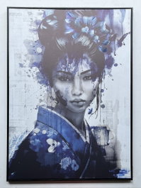 DKD Home Decor Cuadro de Lienzo Geisha Enmarcado Azul