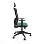 Silla de oficina Horna con mecanismo Sincro/Traslack tapizada con Tela color Verde esmeralda y malla color Negro. Equipada con lumbar 1D, Brazos 1D, Cabecero Fijo y Ruedas 65 mm parqué