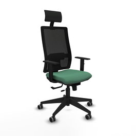 Silla de oficina Horna con mecanismo Sincro/Traslack tapizada con Tela color Verde esmeralda y malla color Negro. Equipada con lumbar 1D, Brazos 1D, Cabecero Fijo y Ruedas 65 mm parqué