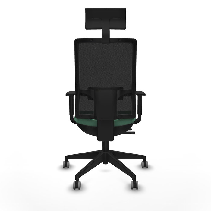 Silla de oficina Horna con mecanismo Sincro/Traslack tapizada con Tela color Verde esmeralda y malla color Negro. Equipada con lumbar 1D, Brazos 1D, Cabecero Fijo y Ruedas 65 mm parqué
