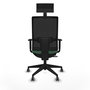 Silla de oficina Horna con mecanismo Sincro/Traslack tapizada con Tela color Verde esmeralda y malla color Negro. Equipada con lumbar 1D, Brazos 1D, Cabecero Fijo y Ruedas 65 mm parqué