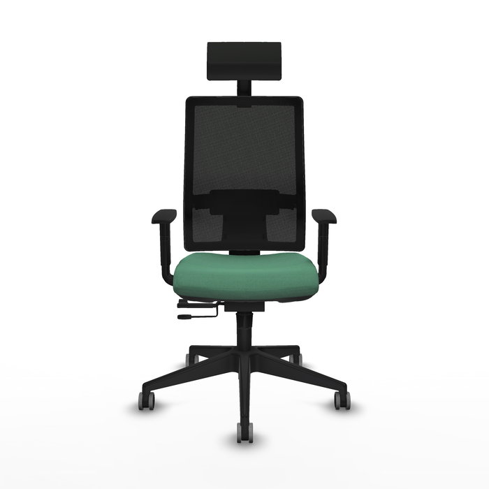 Silla de oficina Horna con mecanismo Sincro/Traslack tapizada con Tela color Verde esmeralda y malla color Negro. Equipada con lumbar 1D, Brazos 1D, Cabecero Fijo y Ruedas 65 mm parqué