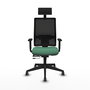 Silla de oficina Horna con mecanismo Sincro/Traslack tapizada con Tela color Verde esmeralda y malla color Negro. Equipada con lumbar 1D, Brazos 1D, Cabecero Fijo y Ruedas 65 mm parqué