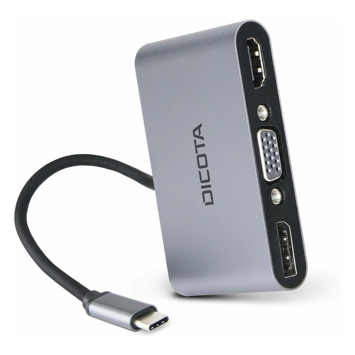 DICOTA D32064 Estación de Acoplamiento USB-C Portátil 5 en 1 con HDMI 4K, DP, VGA, PD 100W, USB-C, Plata