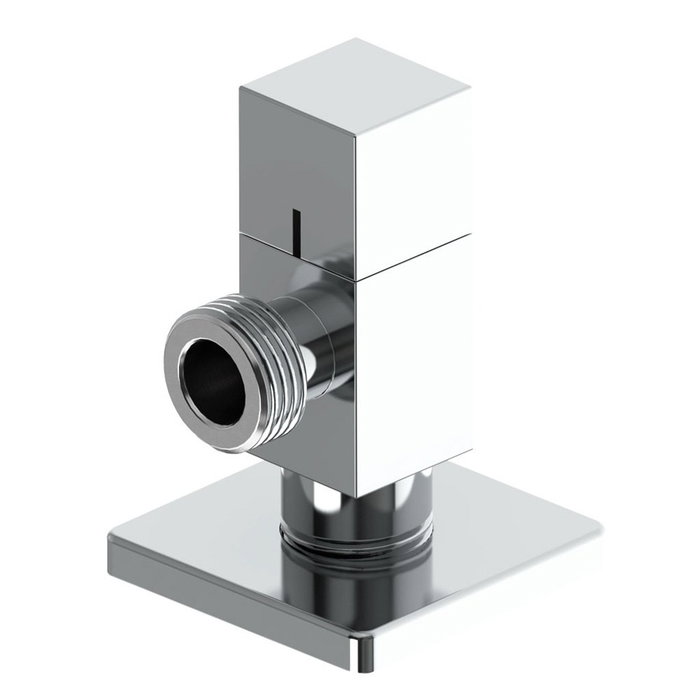 MT Válvula Escuadra Modelo Deco con Mando Cuadrado, Acabado Cromado Silver, 1/4 Vuelta, Cierre Cerámico, Latón, Roscas 1/2" x 1/2"