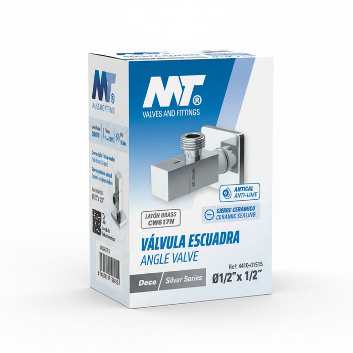 MT Válvula Escuadra Modelo Deco con Mando Cuadrado, Acabado Cromado Silver, 1/4 Vuelta, Cierre Cerámico, Latón, Roscas 1/2" x 1/2"