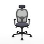 Silla de oficina Jorquera con mecanismo Sincro tapizada con Tela color Gris oscuro y malla color Gris. Equipada con lumbar 1D, Brazos 1D, Cabecero 2D y Ruedas 65mm nailon