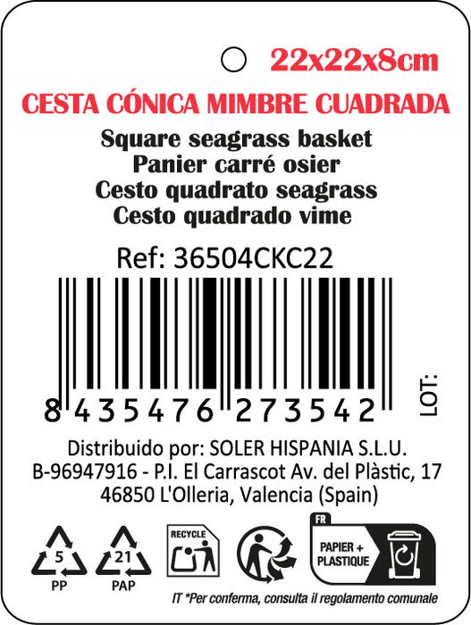 Privilege Cesta Conica Mimbre Cuadrada 22X22X8Cm Korne (24 Unidades)
