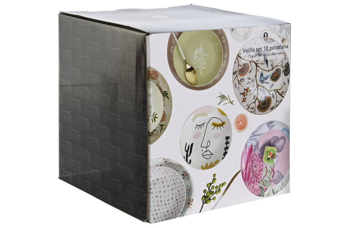 DKD Home Decor Vajilla Set 18 Piezas Porcelana Hojas Azul y Verde