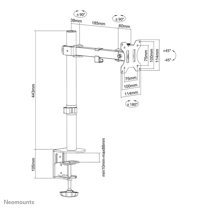 Neomounts FPMA-D540BLACK Soporte de Monitor para Escritorio, 13-32 pulgadas, VESA 75x75/100x100mm, Ajuste en Altura, Inclinación, Giro 180°, Rotación 360°, Gestión de Cables, Negro