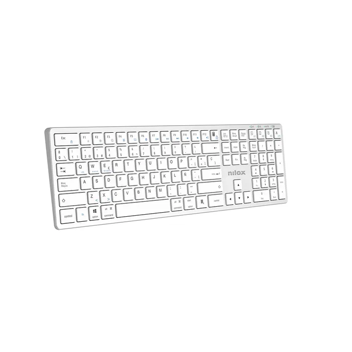 Nilox Pro Wireless Silver - Teclado Inalámbrico Español USB + Bluetooth QWERTY 100% con Teclado Numérico Blanco para Hogar y Oficina