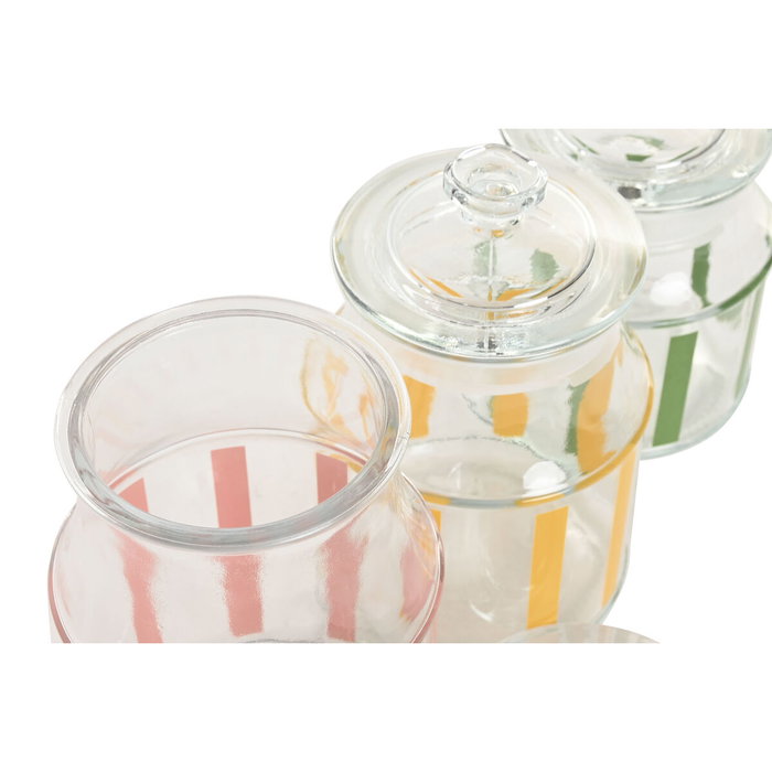 DKD Home Decor Set de 3 Botes de Cristal con Diseño de Rayas Multicolor