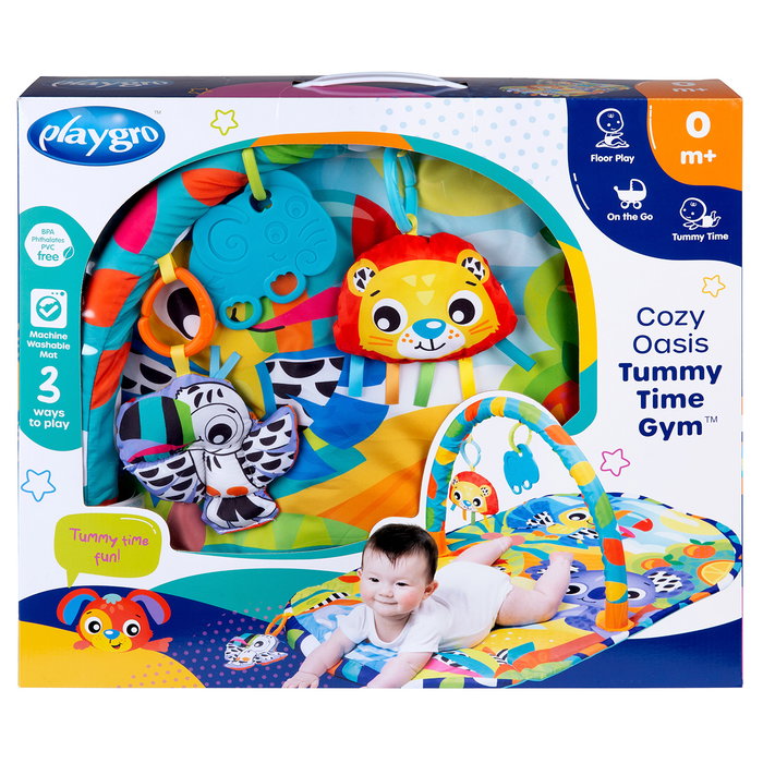 Playgro Cozy Oasis Gimnasio de Juegos - Multilingüe, para Todas las Edades, Estimulación Sensorial, con Animales de Peluche, Plegable y Portátil