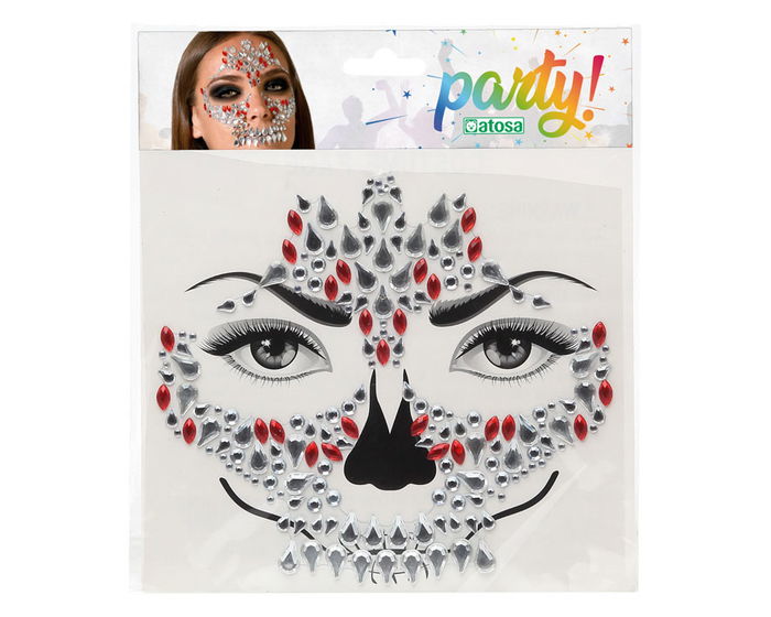 Joyas Faciales Adhesivas Calavera Cristales Plateados para Disfraces Halloween Día de los Muertos