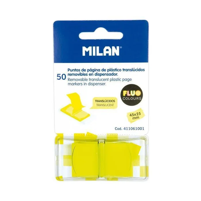 Milan - Marcadores de página removibles, 50 puntos adhesivos, 45x25 mm, color amarillo traslúcido, plástico
