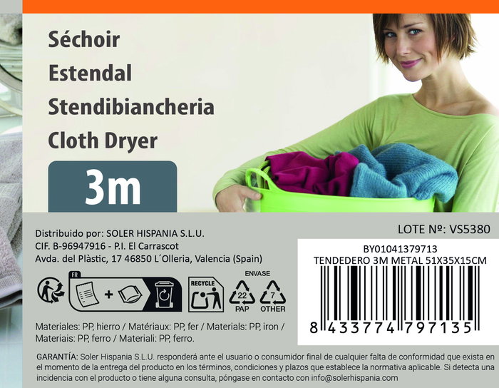 Inde Tendedero 3 m de Metal, 51 x 35 x 15 cm, Confortime (15 Unidades)